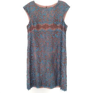 Suzi Chin Maggy Boutique Dress Size 6 Teal Blue Lace Nude Sleeveless